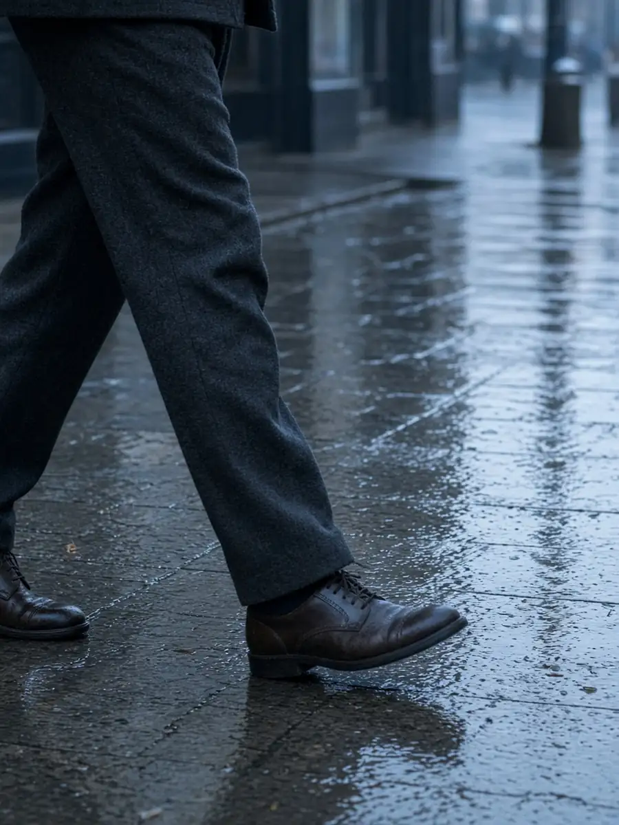 Nogi w ruchu na mokrym chodniku, ciemne spodnie i proste buty.
