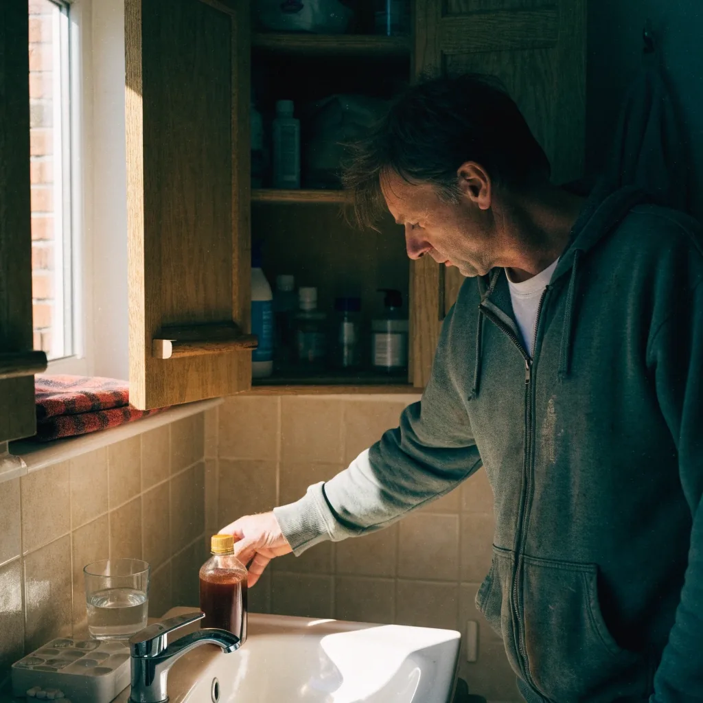 Mężczyzna przygotowujący codzienną porcję suplementów w domu
