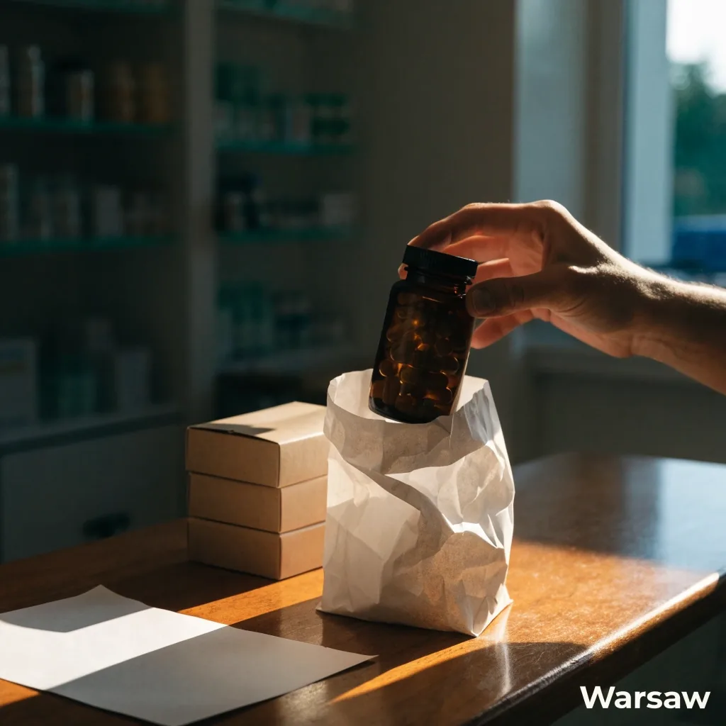 Ręce farmaceuty podające butelkę suplementu przez kontuar w aptece
