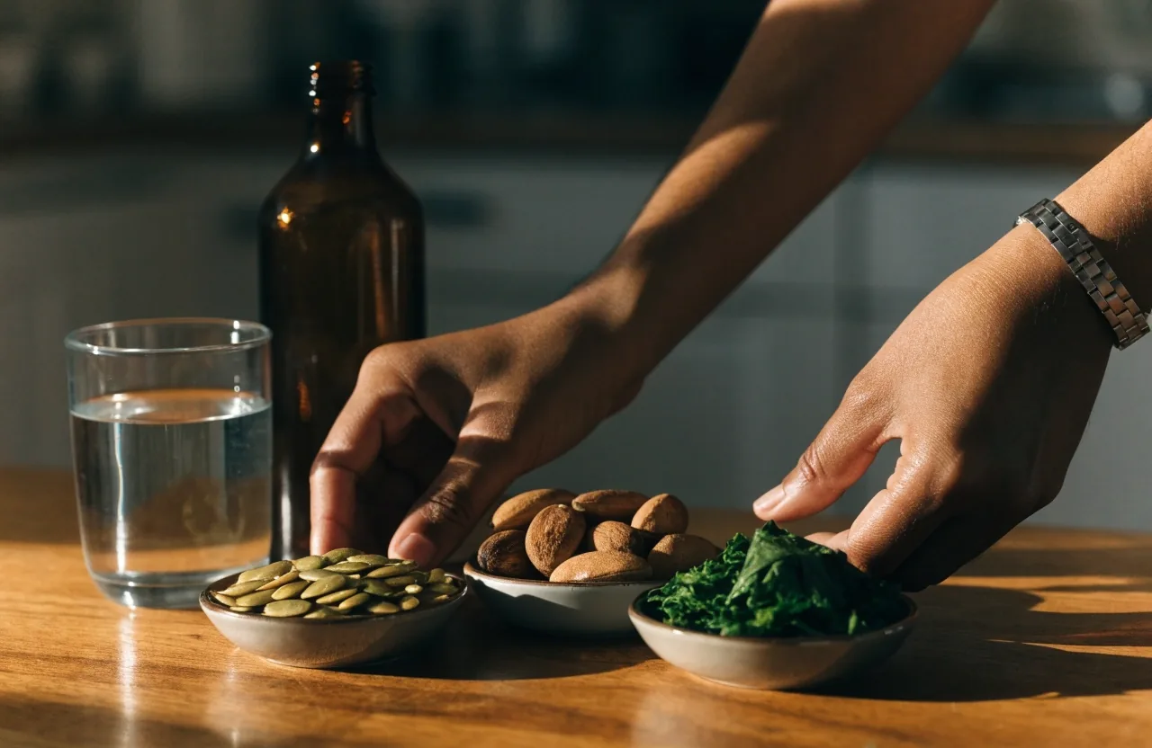 Stół z produktami i butelkami suplementów w naturalnym świetle