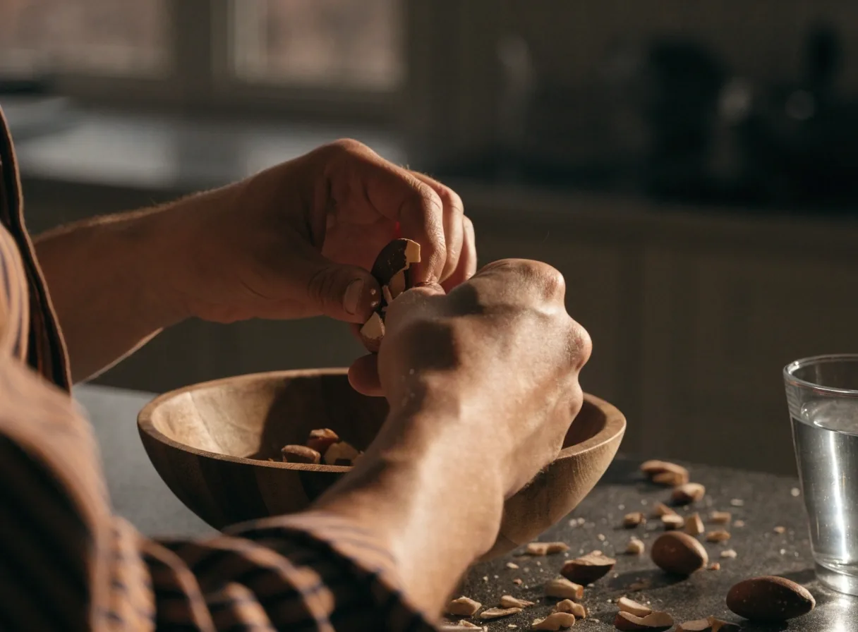 Orzechy brazylijskie w drewnianej misce, jeden rozłupany na pół